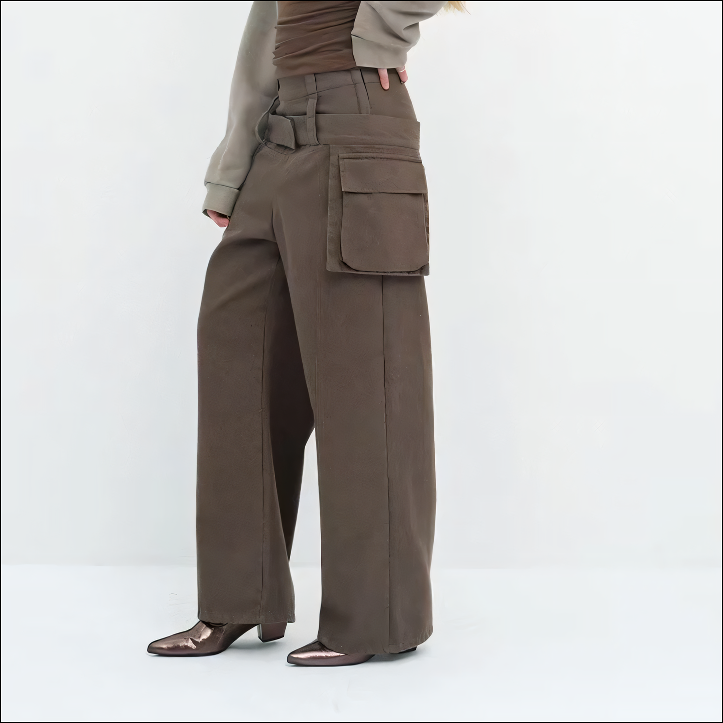 Damen-Hose mit weitem Bein, Gürtel und Mehrfachtaschen-Design