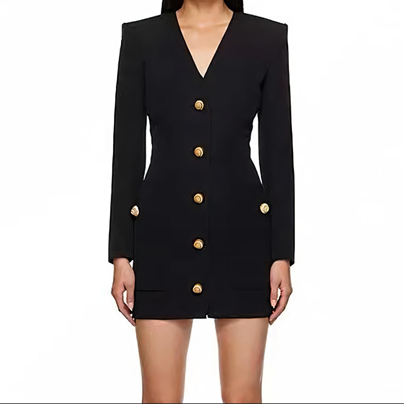 Schickes Damen-Slim-Fit-Schwarzes V-Ausschnitt-Kleid mit Metallknöpfen
