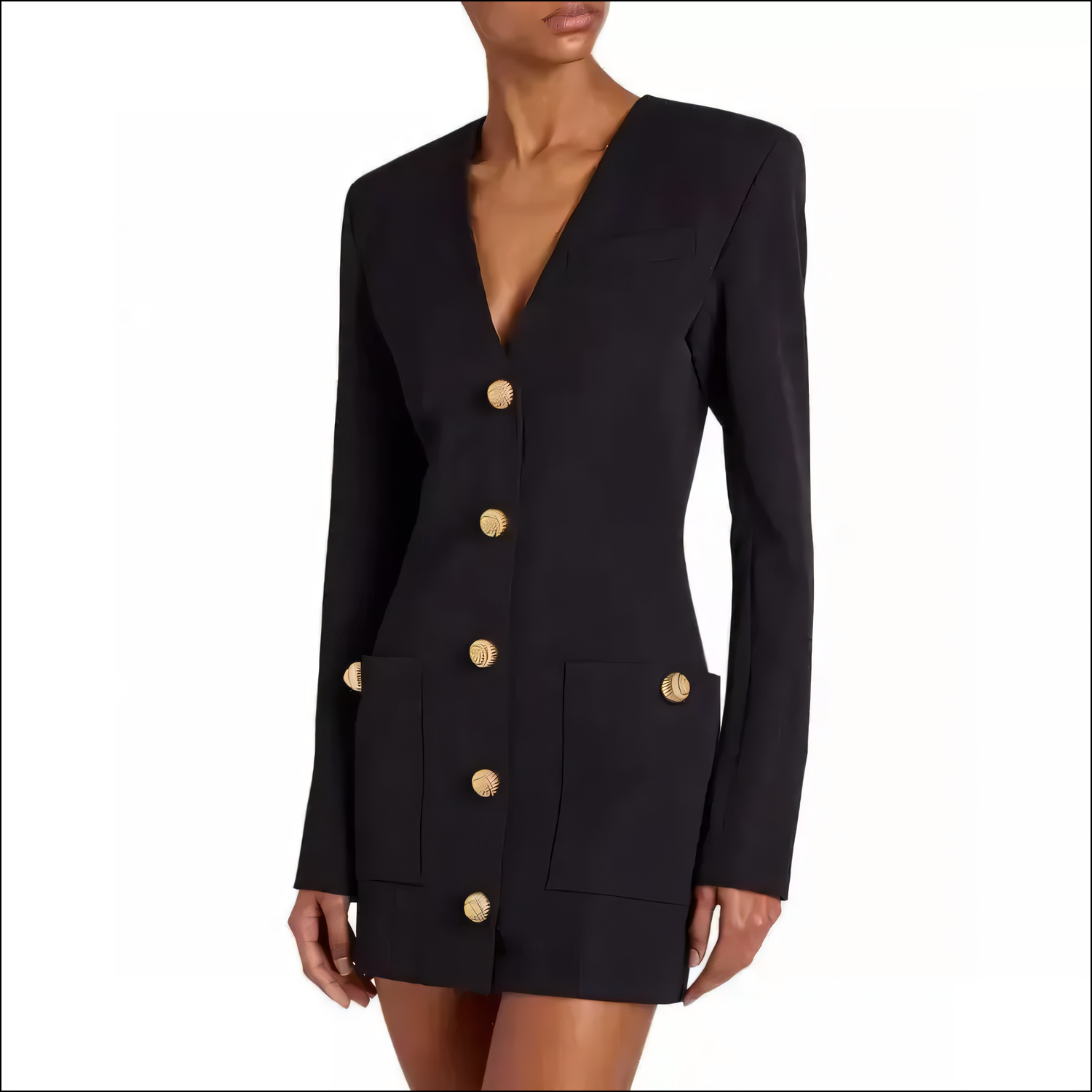 Schickes Damen-Slim-Fit-Schwarzes V-Ausschnitt-Kleid mit Metallknöpfen
