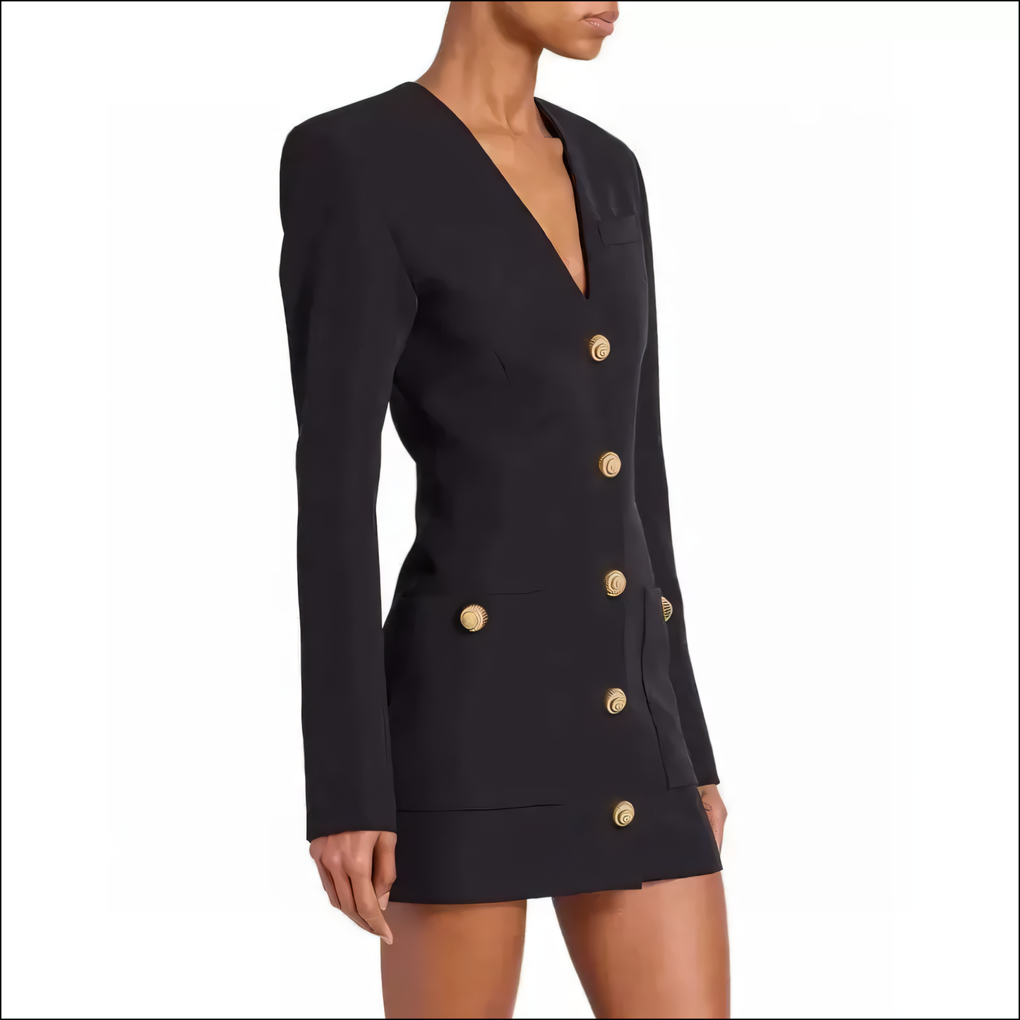 Schickes Damen-Slim-Fit-Schwarzes V-Ausschnitt-Kleid mit Metallknöpfen