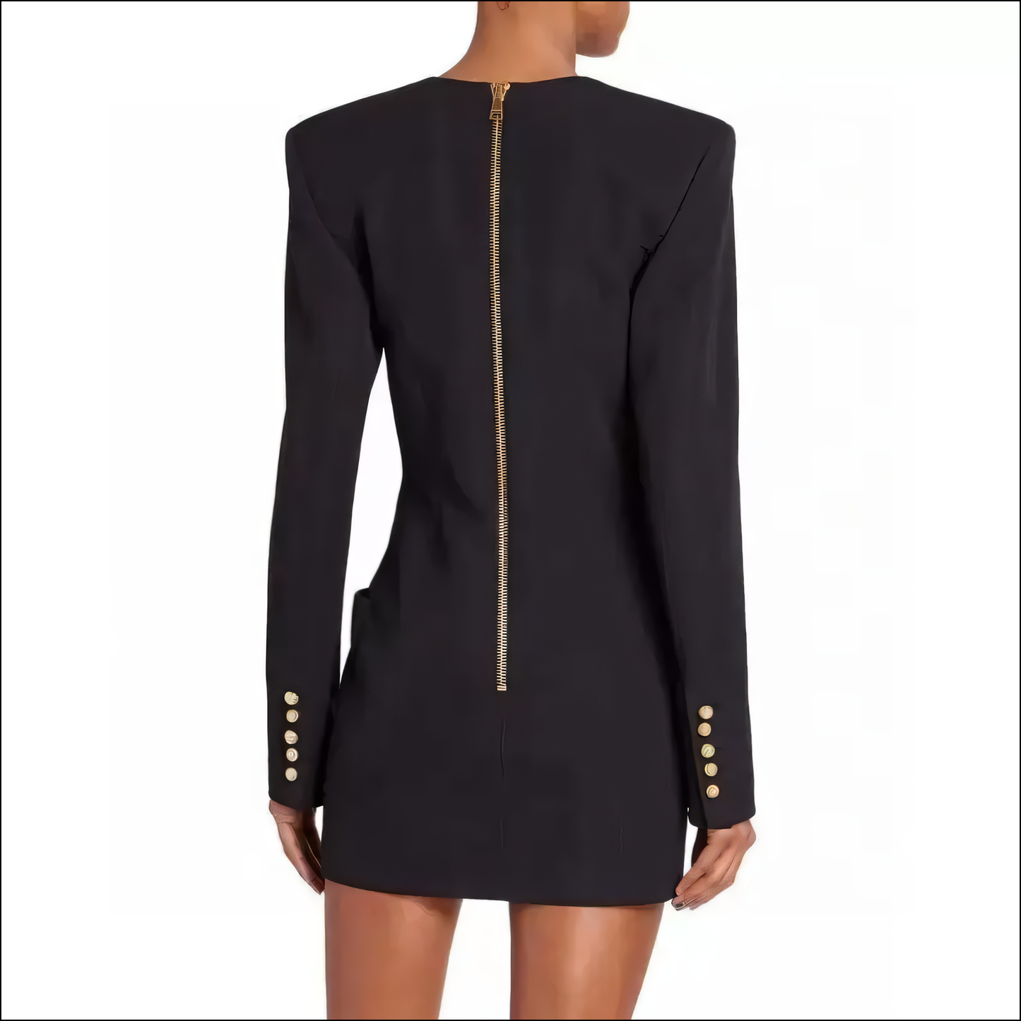 Schickes Damen-Slim-Fit-Schwarzes V-Ausschnitt-Kleid mit Metallknöpfen