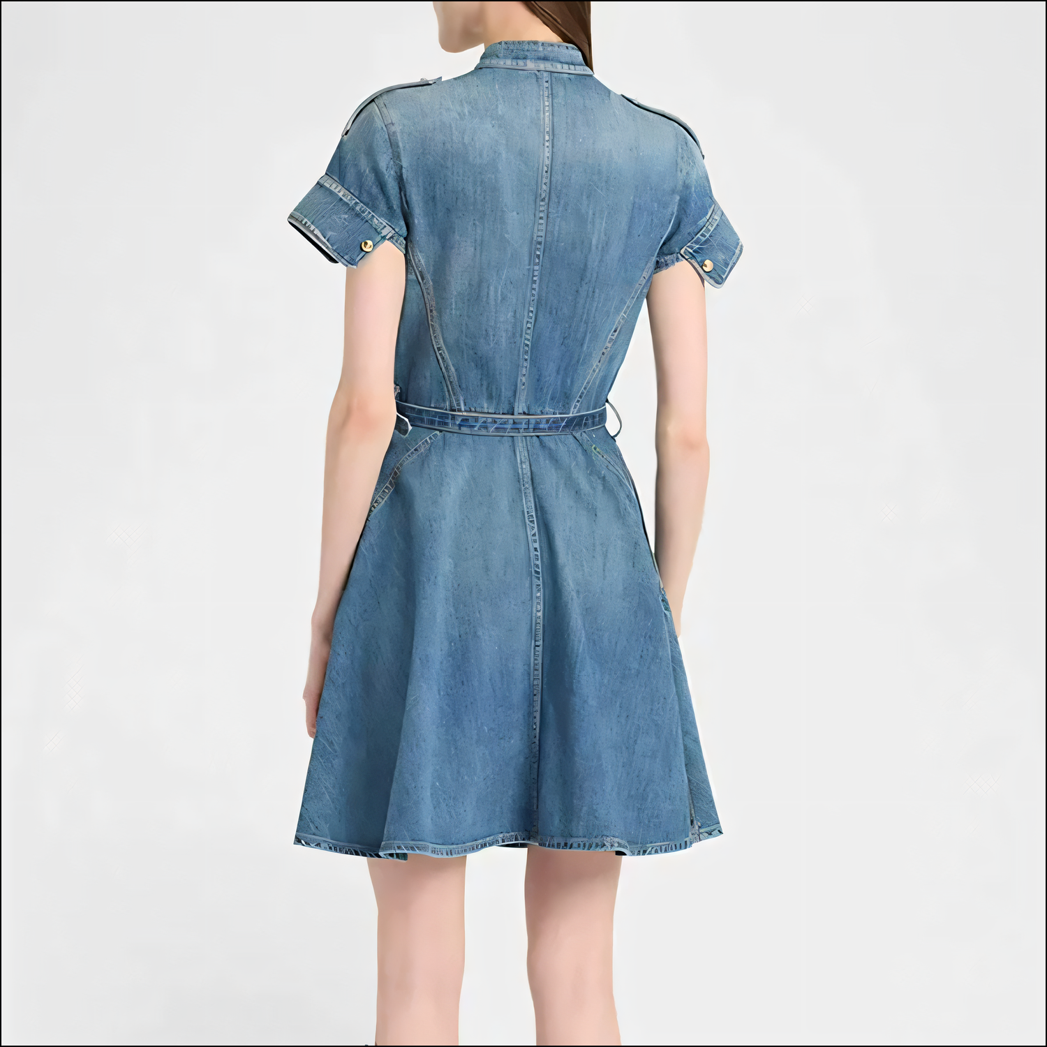 Stilvolles Damen-Kurzarm-Denimkleid mit Gürtel in der Taille