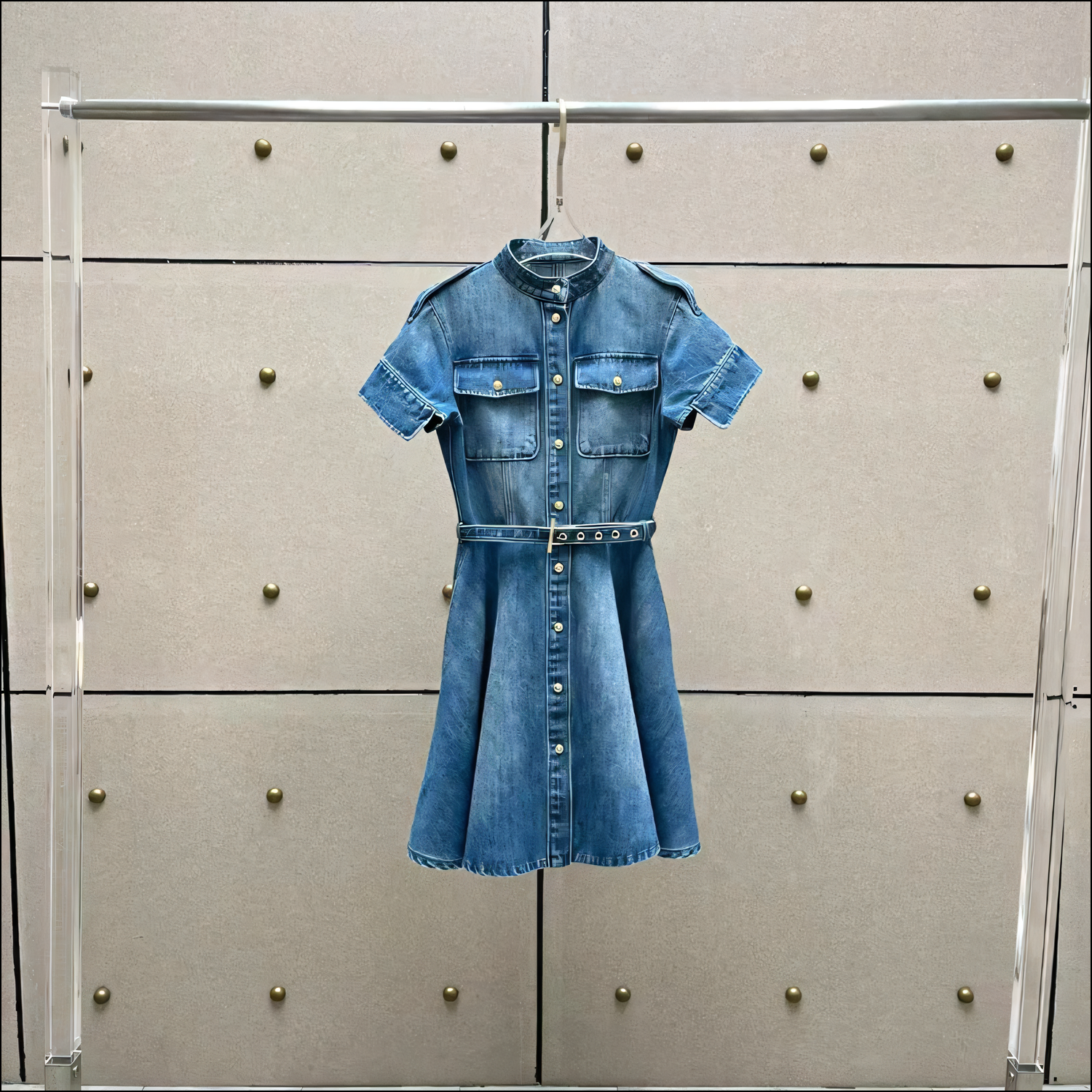 Stilvolles Damen-Kurzarm-Denimkleid mit Gürtel in der Taille