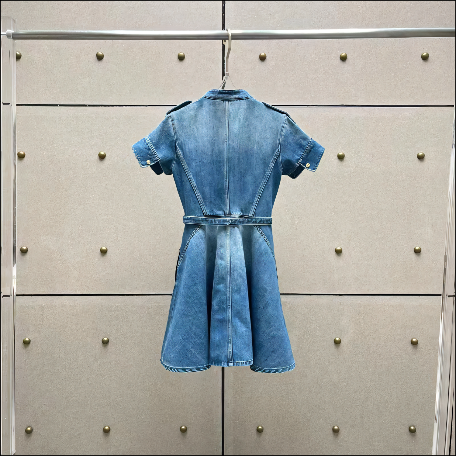 Stilvolles Damen-Kurzarm-Denimkleid mit Gürtel in der Taille