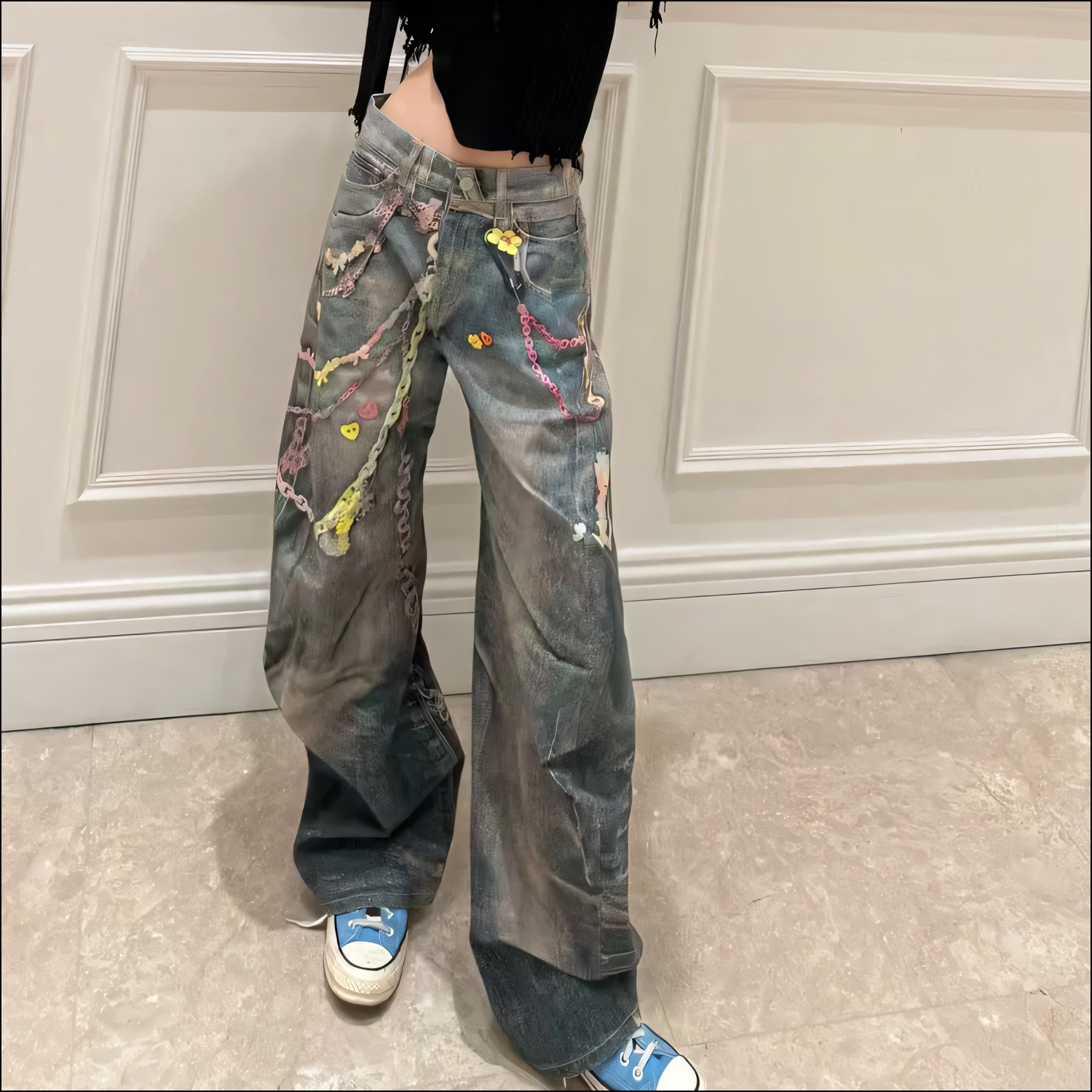 Trendige Damen-Wide-Leg-Jeans mit Kettenmuster