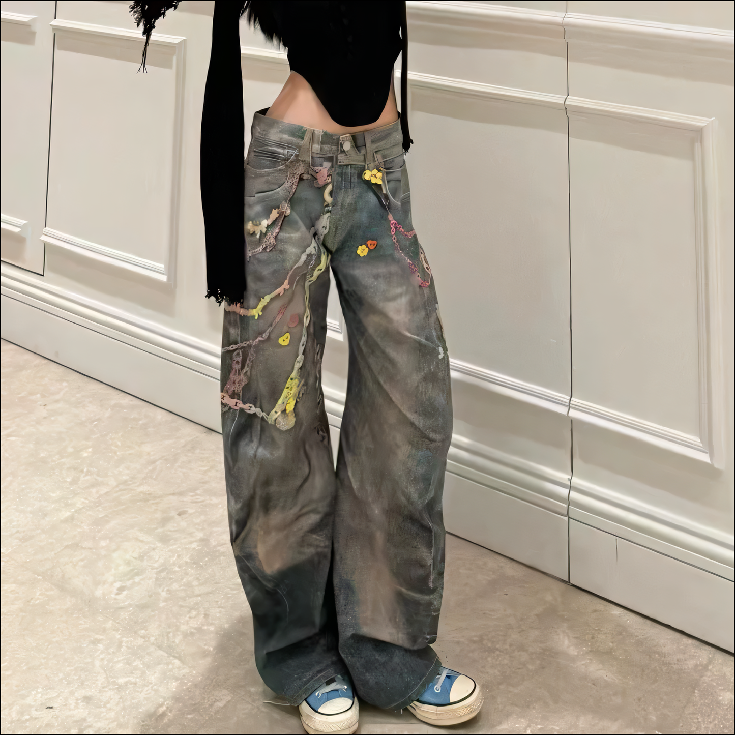 Trendige Damen-Wide-Leg-Jeans mit Kettenmuster