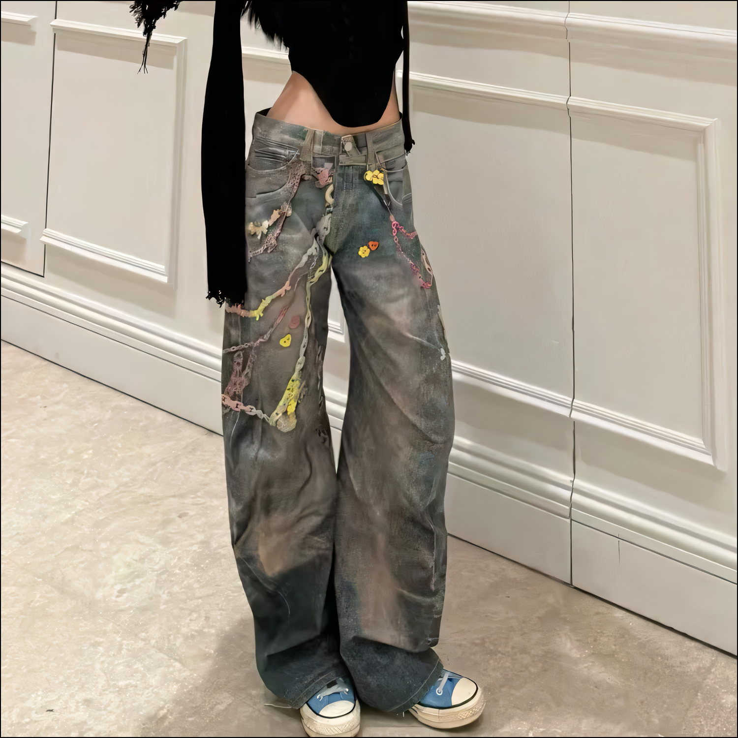 Trendige Damen-Wide-Leg-Jeans mit Kettenmuster