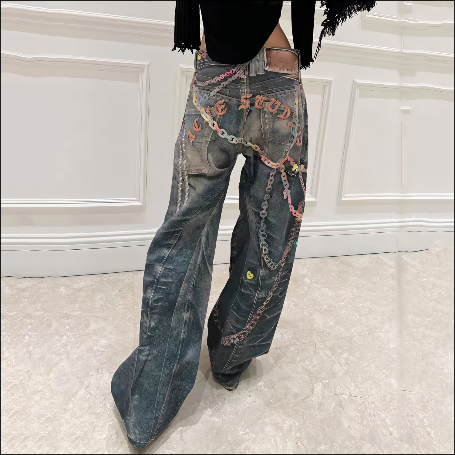 Trendige Damen-Wide-Leg-Jeans mit Kettenmuster