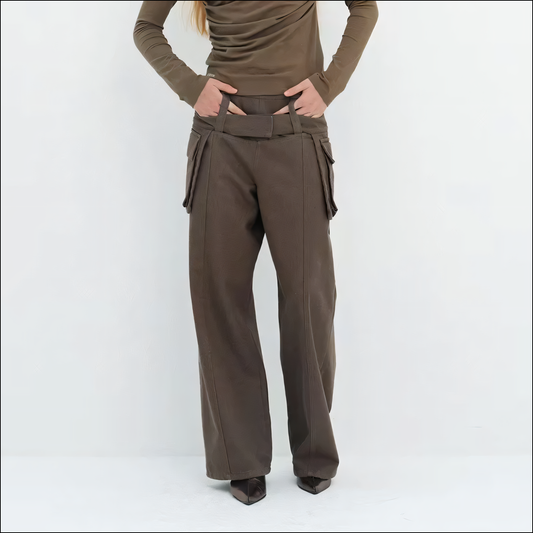 Damen-Hose mit weitem Bein, Gürtel und Mehrfachtaschen-Design