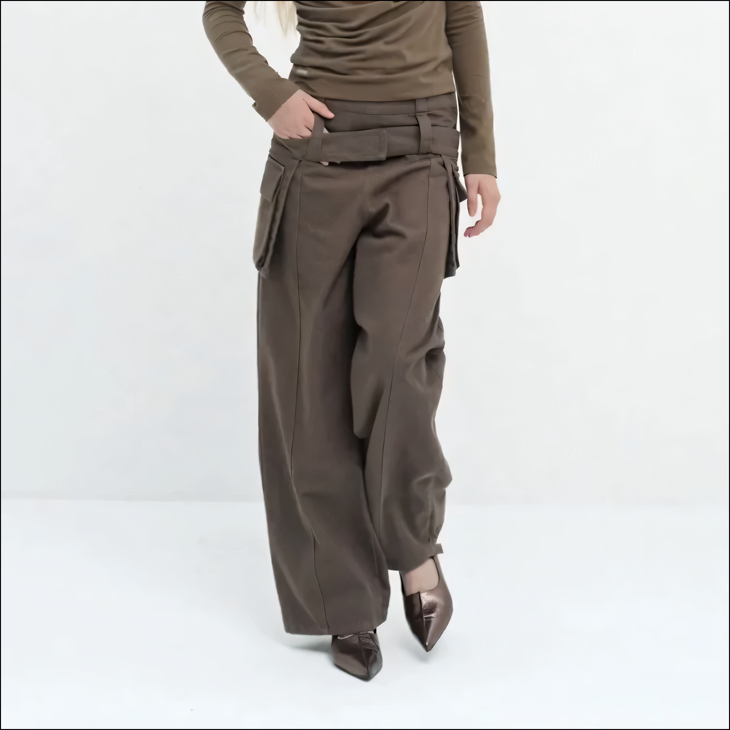 Damen-Hose mit weitem Bein, Gürtel und Mehrfachtaschen-Design