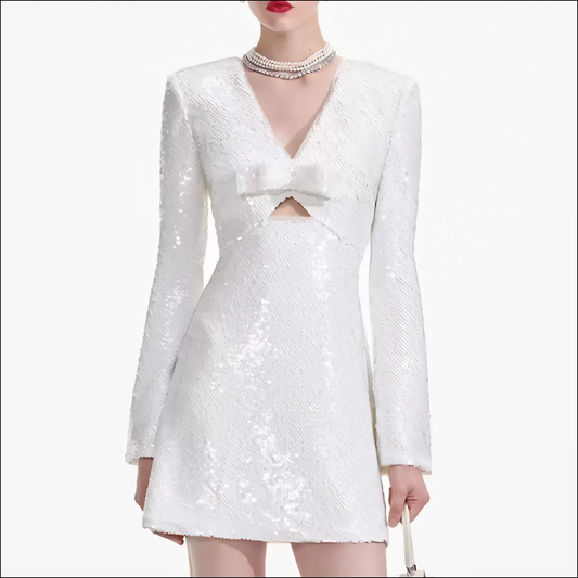 Elegantes Damen-Pailletten-V-Ausschnitt-Langarmkleid mit hohler Schleifen-Design