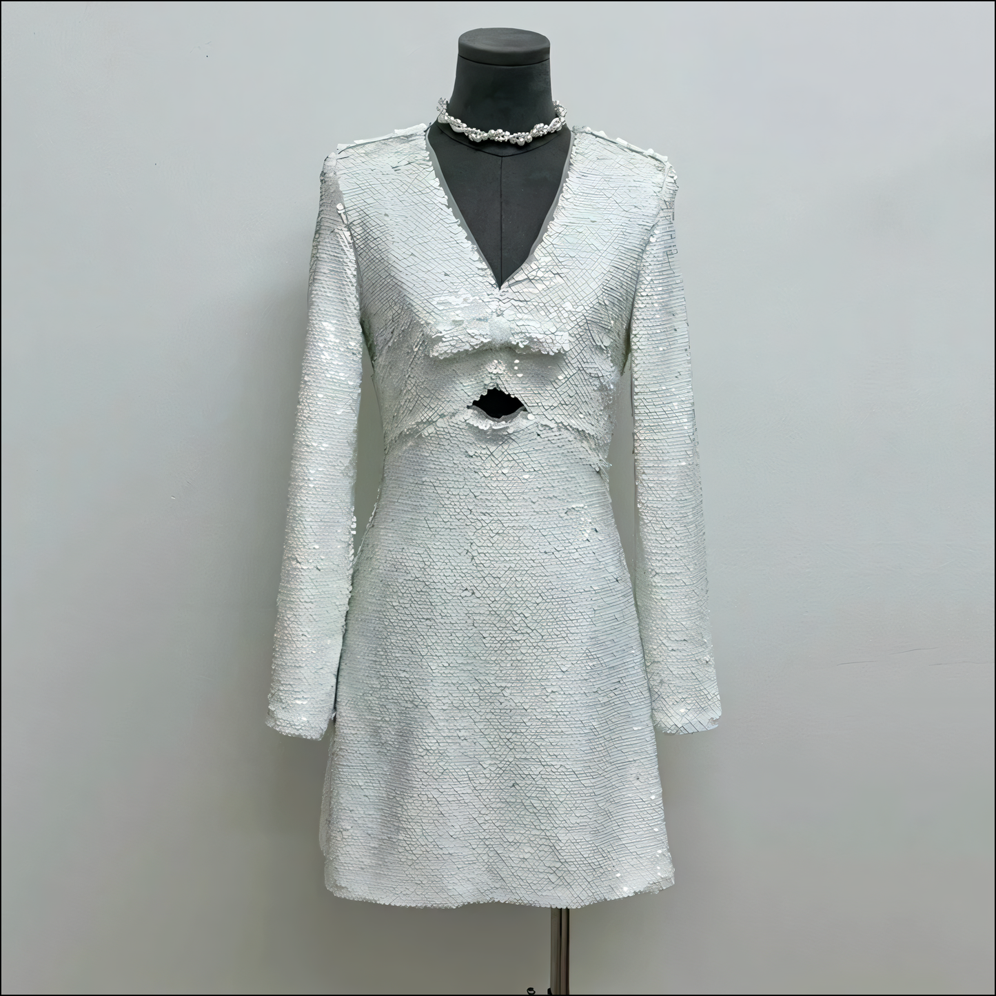 Elegantes Damen-Pailletten-V-Ausschnitt-Langarmkleid mit hohler Schleifen-Design