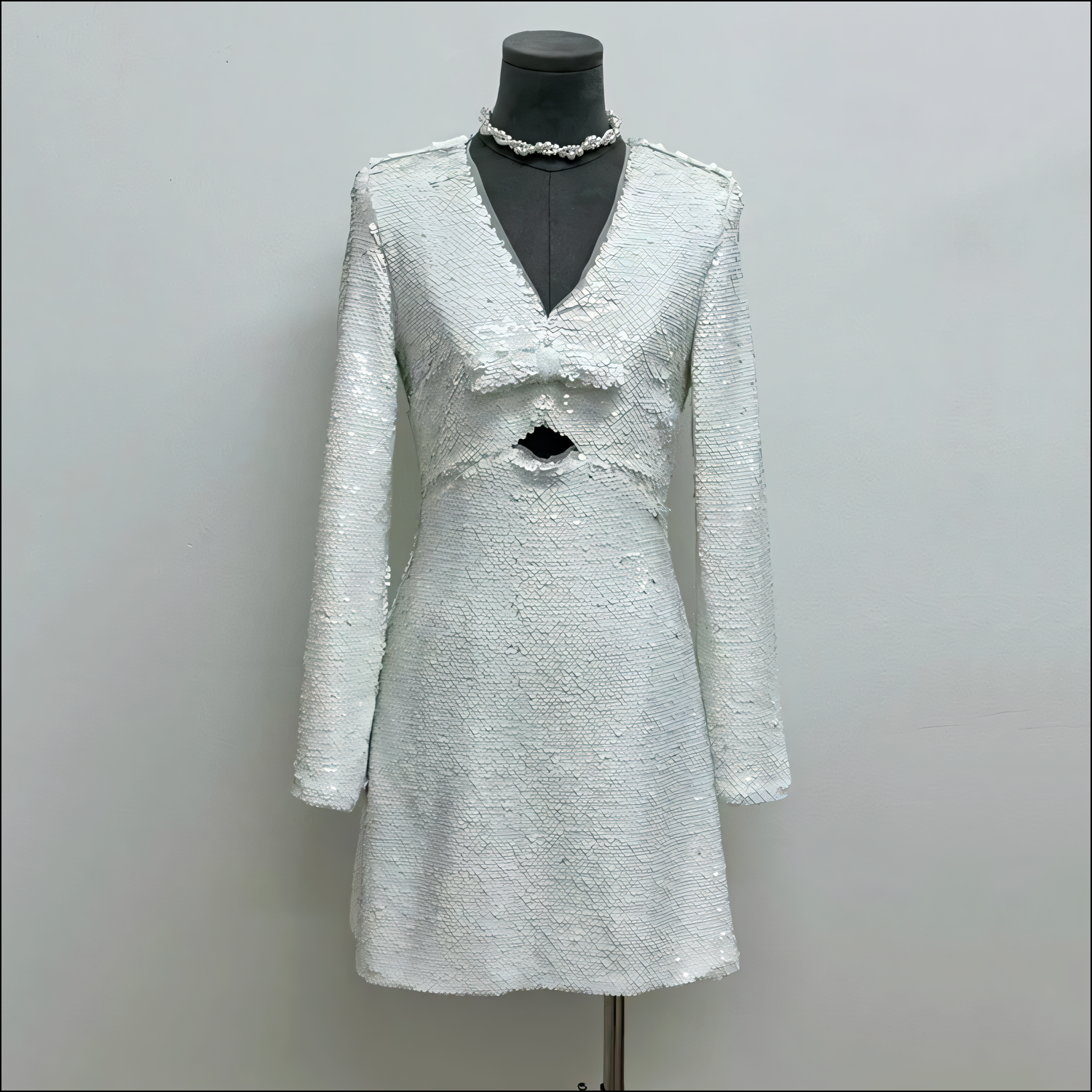 Elegantes Damen-Pailletten-V-Ausschnitt-Langarmkleid mit hohler Schleifen-Design
