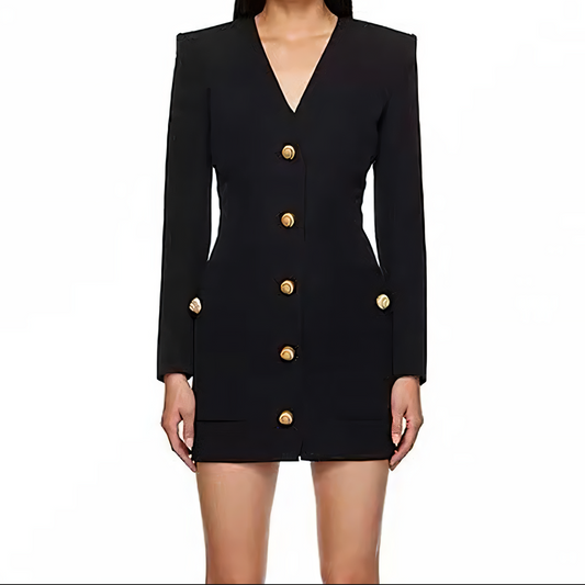 Schickes Damen-Slim-Fit-Schwarzes V-Ausschnitt-Kleid mit Metallknöpfen