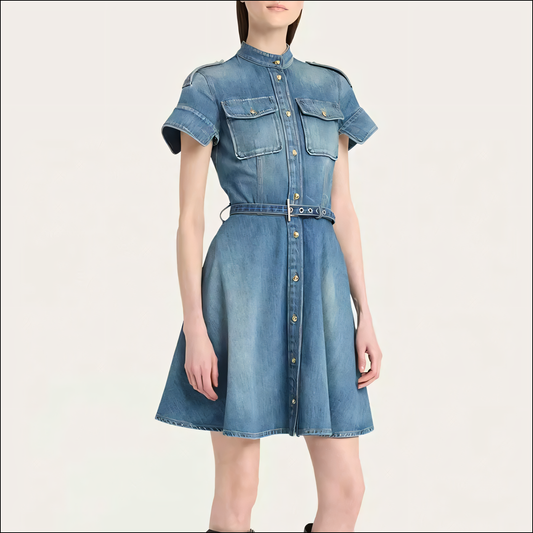 Stilvolles Damen-Kurzarm-Denimkleid mit Gürtel in der Taille