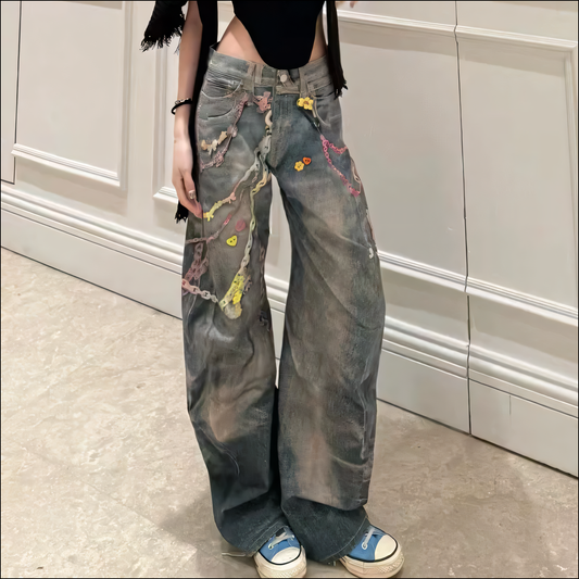 Trendige Damen-Wide-Leg-Jeans mit Kettenmuster